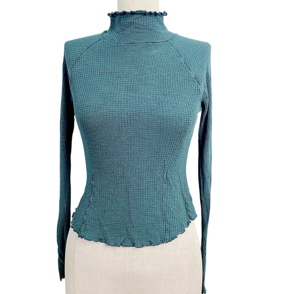 Free People‎ Mock Neck Long Sleeve Lettuce Hem Stretch Top Teal Ribbed Fitted S